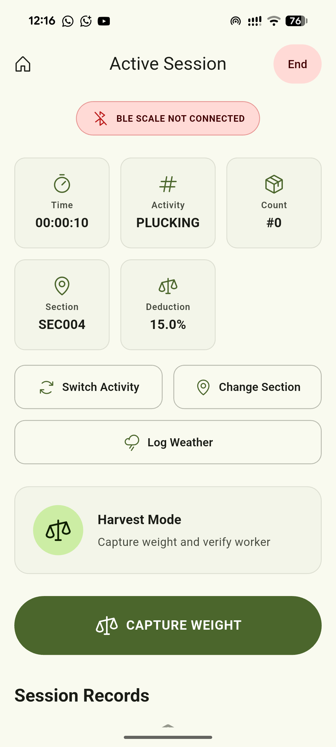 Active smart weighing session screen